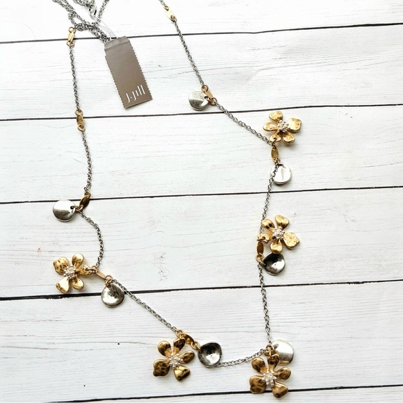 J. Jill Jewelry - NEW NWT J. Jill Gold Silver Flower Charm Station Long Necklace $49 Retail Tag